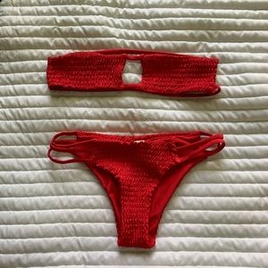 Red strapless bathing suit